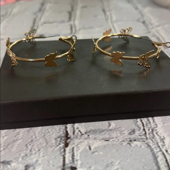 Gold Tone Butterfly Hoop Earrings - Picture 4 of 7